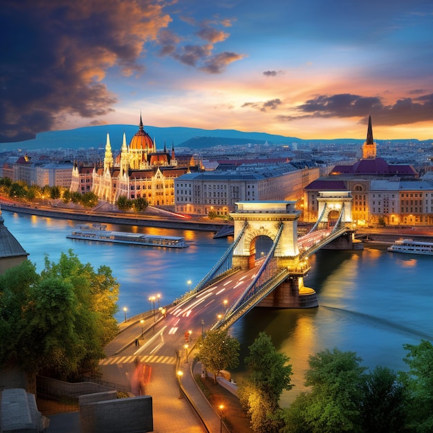 Vista majestosa de Budapeste ao anoitecer com o rio Danúbio e edifícios históricos