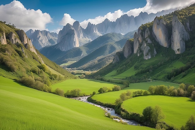 Vista majestosa de um belo vale verde exuberante com árvores e grama colorida contra pitorescas altas montanhas em Astúrias, na Espanha