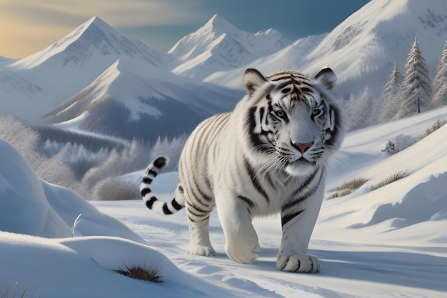 Foto vista majestosa de um tigre um feroz e belo tigre branco caminhando na neve nas montanhas