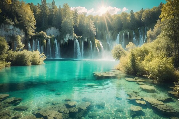 Foto vista majestosa sobre a água turquesa e os feixes de sol no parque nacional dos lagos de plitvice, croácia, europa, cena dramática e incomum, mundo da beleza, filtro retro e estilo vintage, efeito de tonificação do instagram