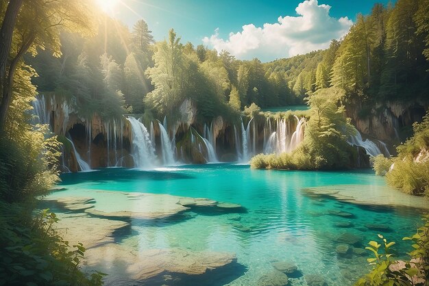 Foto vista majestosa sobre a água turquesa e os feixes de sol no parque nacional dos lagos de plitvice, croácia, europa, cena dramática e incomum, mundo da beleza, filtro retro e estilo vintage, efeito de tonificação do instagram