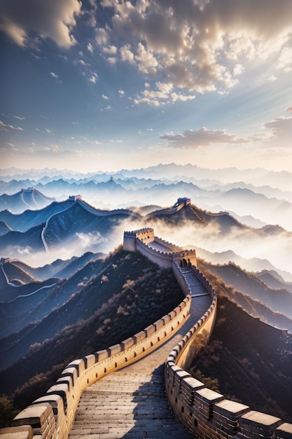 Una vista majestuosa de la Gran Muralla China que se extiende por el horizonte como una cinta de la antigua