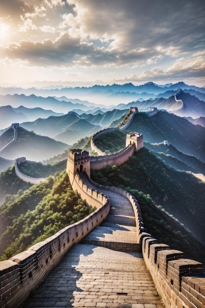 Una vista majestuosa de la Gran Muralla China que se extiende por el horizonte como una cinta de la antigua