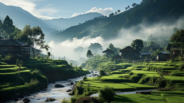 vista de la mañana campo de arroz en bali indonesia