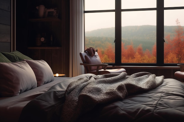 Vista de la mañana desde la habitación de hotel de cabaña de madera moderna con vistas a las montañas boscosas