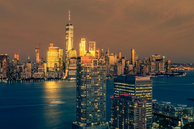 Foto vista de manhattan y el one world trade center desde nueva jersey