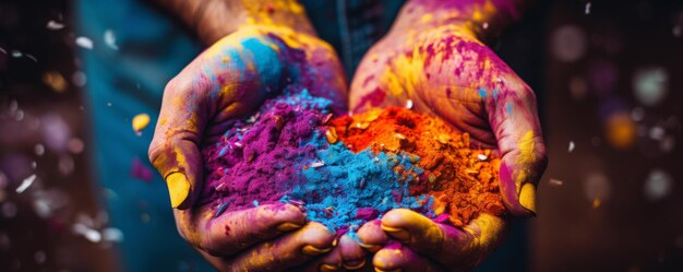 Foto vista de las manos con polvo de holi para el festival de colores de la primavera hindú