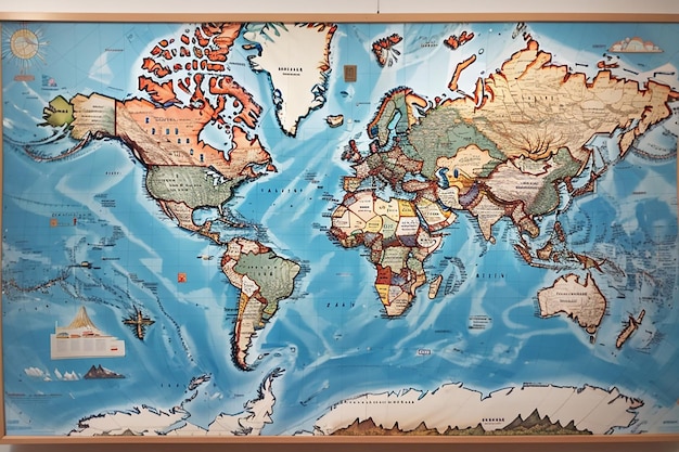 Foto vista del mapa de viajes del mundo con alfileres