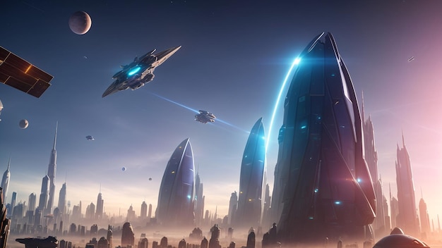 Una vista maravillosa de una ciudad futurista con una nave espacial volando sobre ella AI generativo