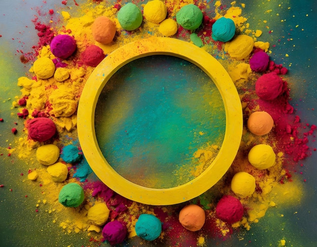 Foto vista de un marco circular amarillo cubierto con colores secos de holi