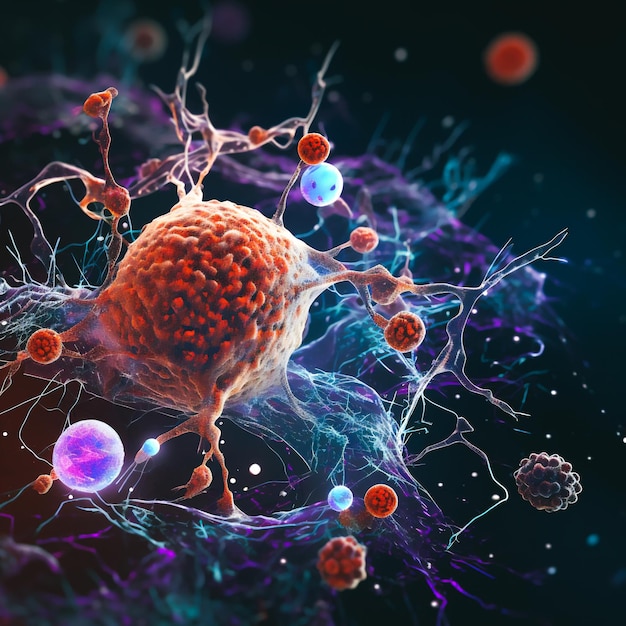 Foto una vista más cercana de una célula cancerosa con un logotipo prominente de cáncer de páncreas superpuesto