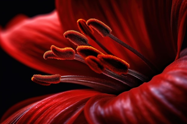 una vista más cercana de una flor carmesí sobre un fondo negro