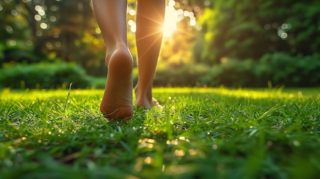 Una vista más cercana de una mujer paseando descalza por un césped verde con rayos de sol espacio IA generativa