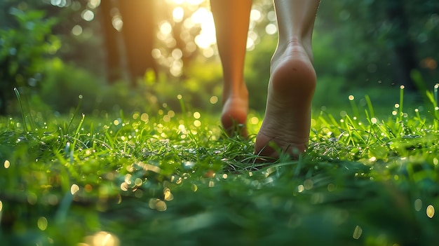 Una vista más cercana de una mujer paseando descalza por un césped verde con rayos de sol espacio IA generativa