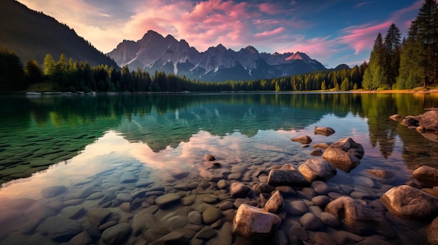 Vista matinal calma do lago Fusine Nascer do sol colorido do verão Paisagem natural