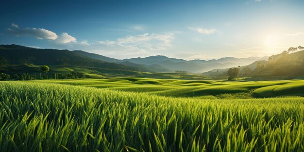 Vista matinal de uma próspera fazenda de arroz