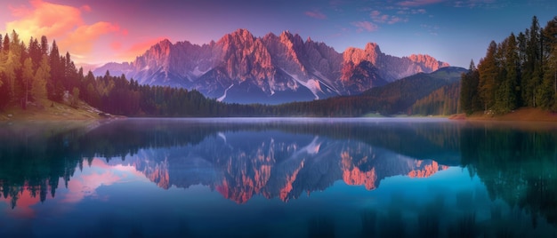 Vista matinal tranquila do lago Fusine Nascer colorido do sol de verão nos Alpes Julianos