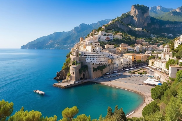 Foto vista matutina del paisaje urbano de amalfi en la costa del mar mediterráneo, italia