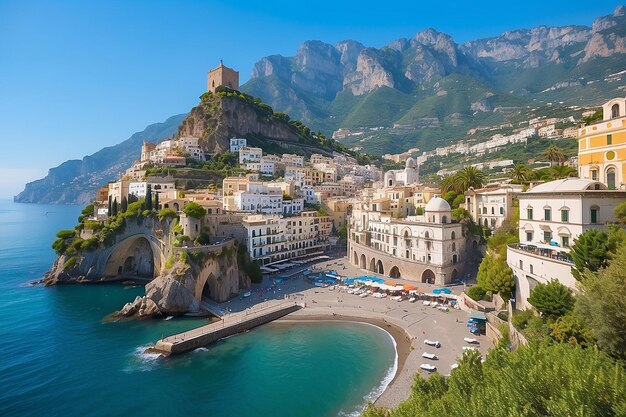 Foto vista matutina del paisaje urbano de amalfi en la costa del mar mediterráneo, italia