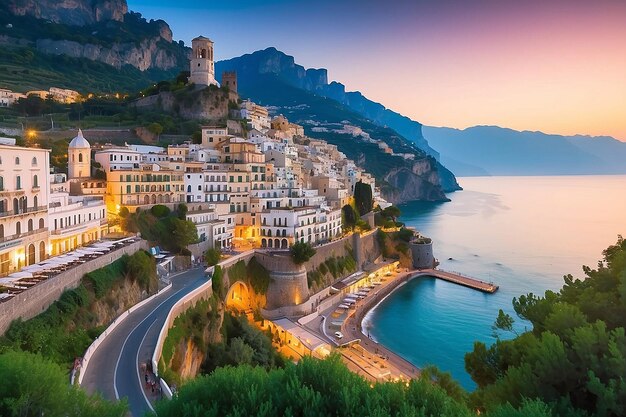 Foto vista matutina del paisaje urbano de amalfi en la costa del mar mediterráneo, italia