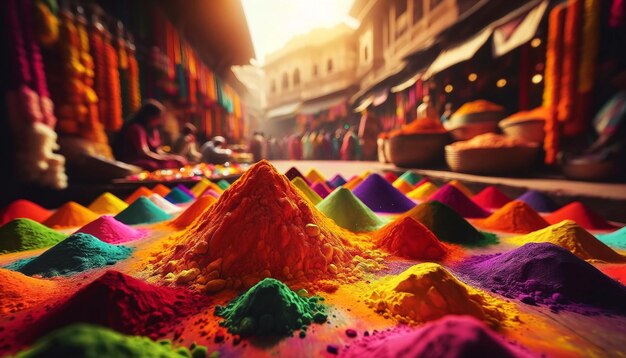 Vista del mercado tradicional del polvo de Holi