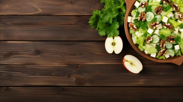 Vista de una mesa de madera con una ensalada Waldorf fresca