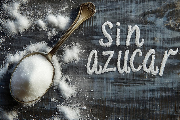 Foto vista de una mesa de madera gris rústica salpicada con las palabras sin azúcar