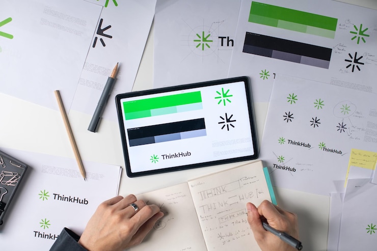 Foto vista de mesa de un proceso de diseño de logotipo con bocetos, muestras de colores y borradores digitales en una tableta varias herramientas y materiales de diseño, incluidos lápices y marcadores