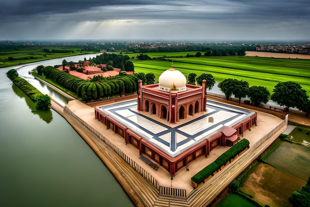 Una vista de una mezquita con un lago verde al fondo