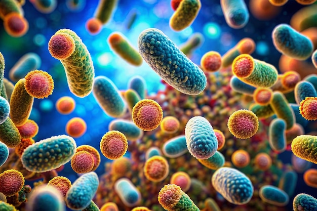 Vista microscópica de alta resolución de bacterias vibrantes en un entorno colorido que muestra diversas formas y texturas ideales para uso educativo y médico científico