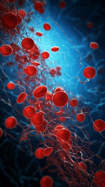 Vista microscópica de glóbulos vermelhos fluindo através do bloco