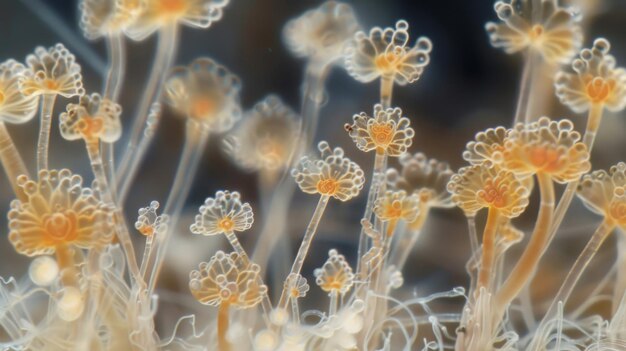 Una vista microscópica de las esporas fúngicas con pequeñas proyecciones parecidas a pelos que crean una imagen hipnotizante de