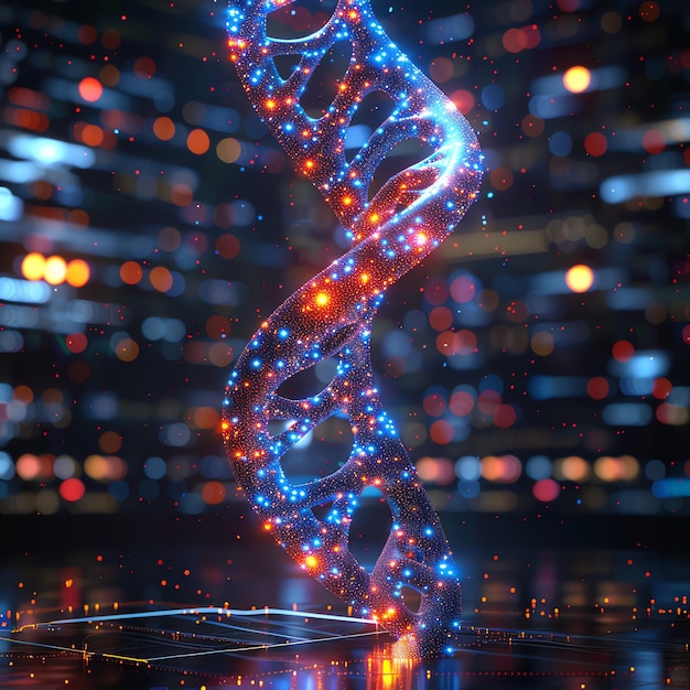 Foto vista microscópica de la estructura del adn hélice de la cepa genética y ciencia médica cadena de moléculas de adn humano