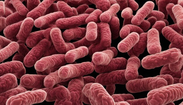 Vista microscópica de un grupo de bacterias rojas