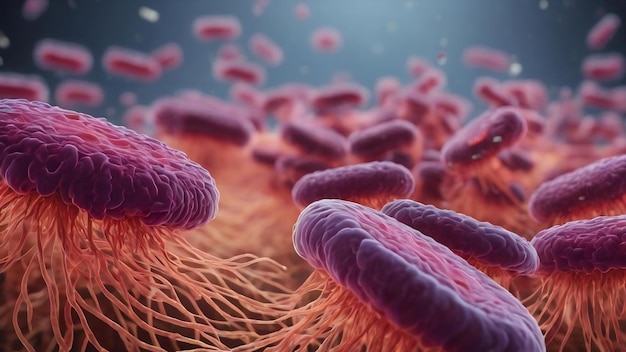 Vista microscópica de la mancha de Gram que muestra la forma de varilla de la bacteria escherichia coli o e coli