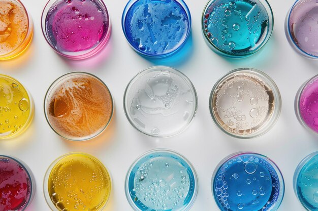 Vista microscópica de muestras líquidas de colores en placas de Petri