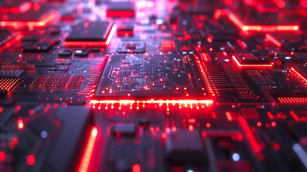 Vista microscópica de una placa de circuitos de computadora Detalles electrónicos azules y rojos Tecnología de primer plano