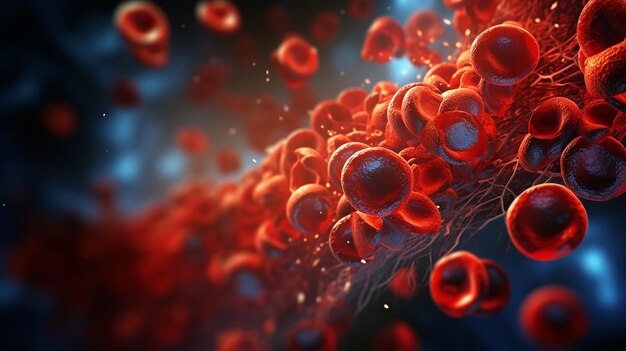 Foto vista microscópica en un renderizado 3d de células sanguíneas que viajan a través de una vena con una calidad realista brillante contra un fondo oscuro.
