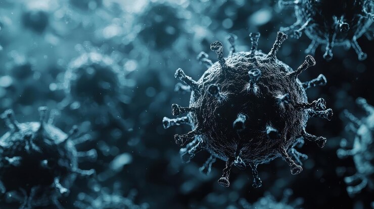 Vista microscópica de los virus que muestra su intrincada estructura y detalles La imagen evoca un sentido de curiosidad y precaución sobre los agentes infecciosos