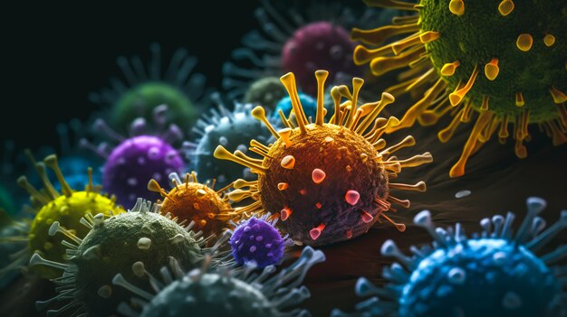 una vista de microscopio de virus que varían en forma y color IA generativa IA generativa