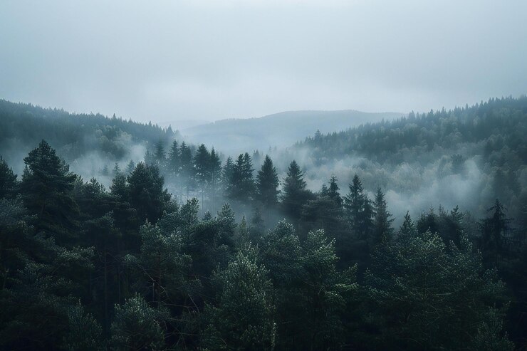 Vista minimalista de un paisaje forestal nebuloso con un cielo gris y condiciones nubladas desde un ángulo bajo