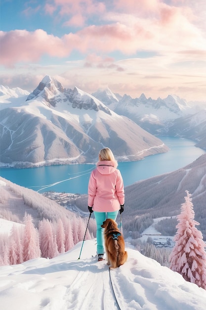 Vista mirando hacia abajo desde una cima de montaña nevada en una estación de esquí en colores pastel Incluye una bonita rubia