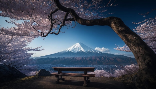 Vista de una montaña con banco y flores de cerezo ai generativo