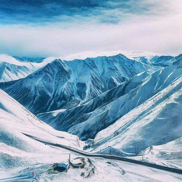 Vista de la Montaña del Cáucaso en invierno en el paso de la Cruz en el distrito de Gudauri de Georgia