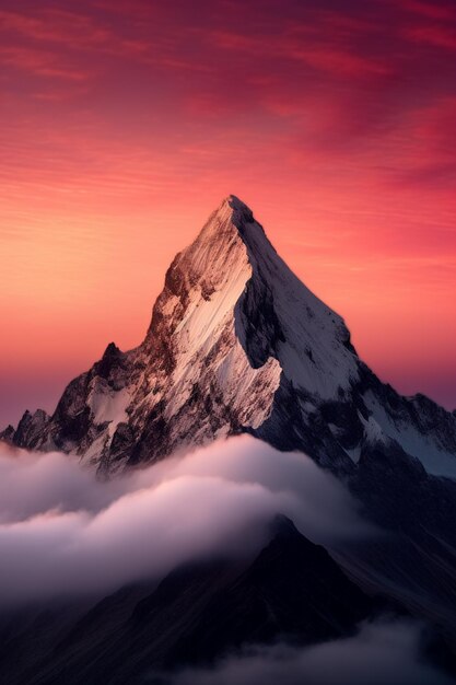 Una vista de una montaña con un cielo rosado