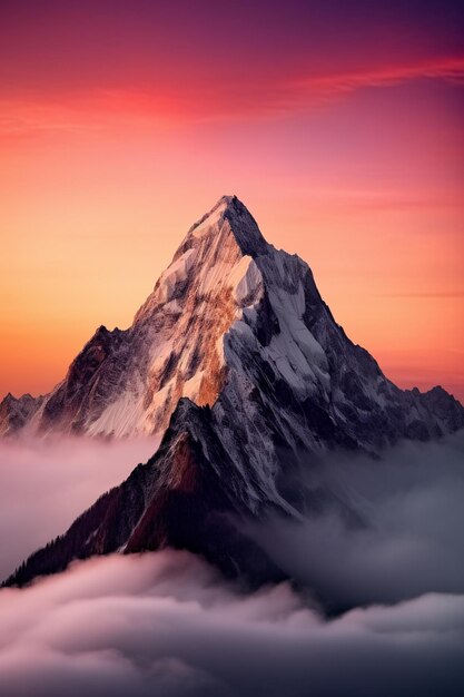 Una vista de una montaña con un cielo rosado