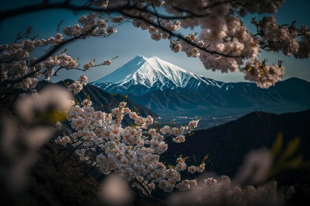 Vista a la montaña con flores de cerezo como primer plano, ai creativo