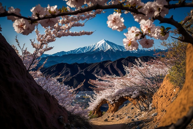 Vista a la montaña con flores de cerezo como primer plano, ai creativo