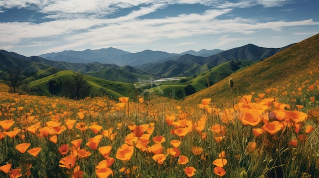 Vista de la montaña con flores en el fondo