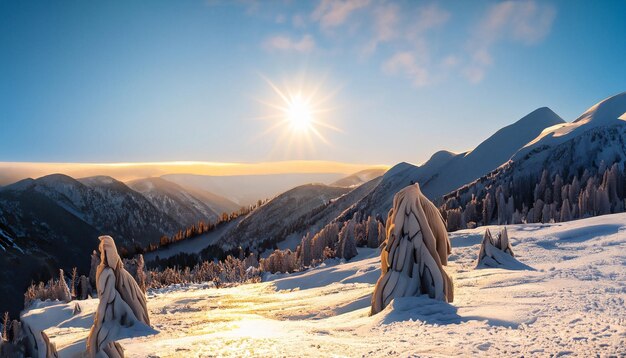 Foto vista de una montaña nevada y abetos con un fondo de cielo azul